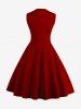 1950s Retro Plus Size Polka Dots Print Patchwork Buttons Side Zipper Vintage Swing Dress -  