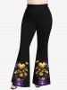 Pantalon Evasé 3D Feuille et Fleur Imprimées de Grande Taille à Paillettes - Noir 4X