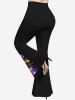 Pantalon Evasé 3D Feuille et Fleur Imprimées de Grande Taille à Paillettes - Noir 4X