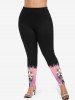 Plus Size Lily Flower Leaf Ombre Colorblock Print Leggings -  