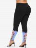 Plus Size Lily Flower Leaf Ombre Colorblock Print Leggings -  