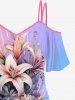 Plus Size Lily Flower Leaf Ombre Colorblock Print Cold Shoulder T-shirt -  