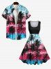 Hawaii Plus Size Coconut Tree Bird Cloud Colorblock Print 1950s Vintage Dress -  