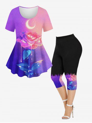 Ensemble de T-shirt Capri 3D Rose Lune et Fleur en Blocs de Couleurs de Grande Taille avec Paillettes Deux Pièces