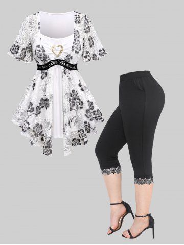 Flowers Printed Lace Hollow Out Heart Buckle Ruched 2 In 1 Top and Floral Lace Trim Pockets Patchwork Capri Leggings Plus Size Outfit