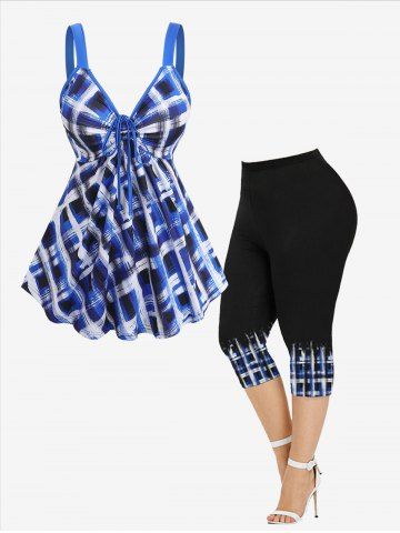 Ink Painting Geometric Plaid Printed Cinched Backless Tank Top and Capri Leggings Plus Size Matching Set