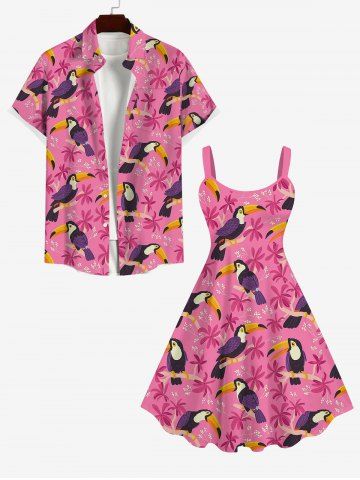 Woodpecker Floral Leaf Print Backless Dress and Button Pocket Shirt Plus Size Matching Hawaii Beach Outfit for Couples