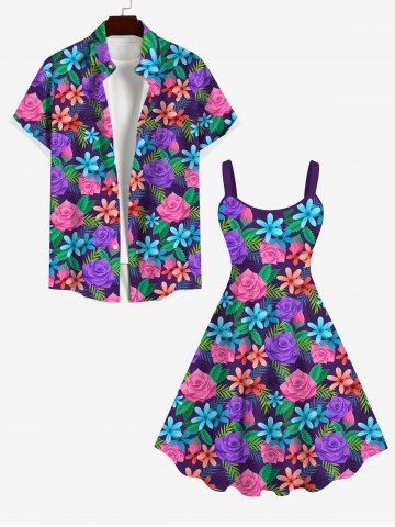 Colorful Flower Leaf Print Dress and Button Pocket Shirt Plus Size Matching Hawaii Beach Outfit for Couples - MULTI-A