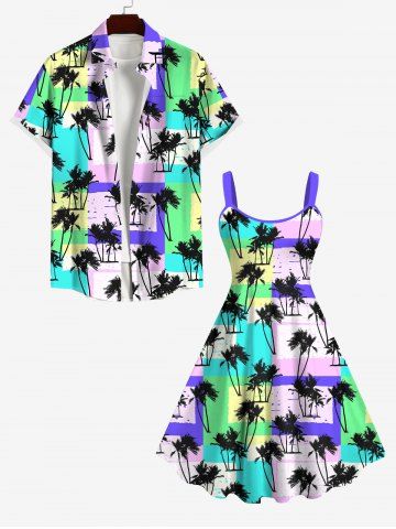 Coconut Tree Colorblock Scarf Print Dress and Buttons Pocket Shirt Plus Size Matching Hawaii Beach Outfit for Couples - MULTI-A