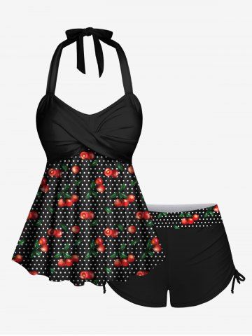 1950s Retro Cherry Dots Print Halter Ruched Cinched Boyleg Tankini Swimsuit - BLACK - XS