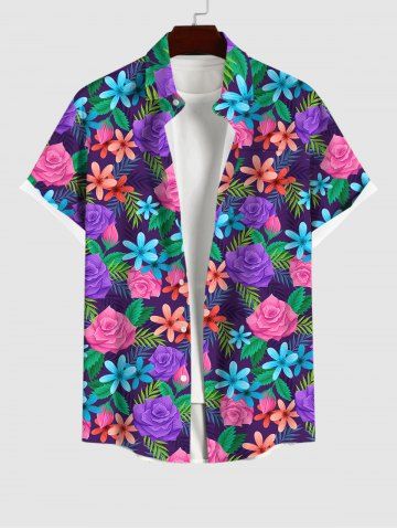 Hawaii Plus Size Turn-down Collar Colorful Flower Leaf Print Button Pocket Shirt For Men