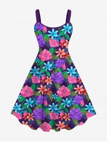 Hawaii Plus Size Colorful Flower Leaf Print Backless A Line Tank Dress - MULTI-A - M