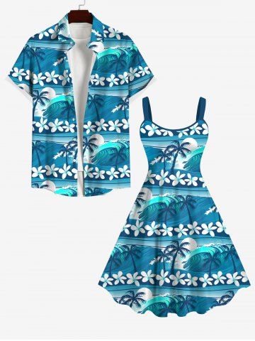 Sea Waves Flowers Coconut Tree Sun Print Plus Size Matching Hawaii Beach Outfit for Couples - BLUE