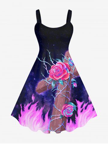 Plus Size Rose Flower Branch Cross Fire Flame Galaxy Print Backless A Line Tank Dress - BLACK - 5X