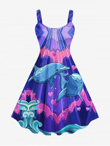 Hawaii Plus Size Dolphin Dragon Heart Colorblock Print Backless A Line Tank Dress - MULTI-A - L