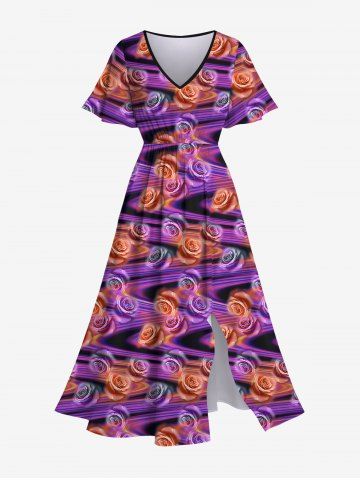 Plus Size Ombre Rose Flower Striped Light Beam Print Split A Line Dress - MULTI-A - S
