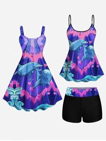 Sea Creatures Dophin Heart Wave Print Boyleg Tankini Swimsuit and Backless Dress Plus Size Matching Hawaii Beach Outfit for Couples - MULTI-A