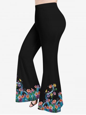 Plus Size Daisy Flower Water Print Flare Pants - BLACK - S