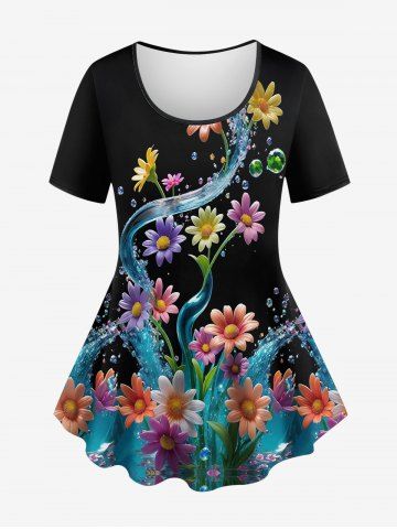T-shirt Fleur Marguerite D'Eau Imprimée de Grande Taille à Manches Courtes - BLACK - L