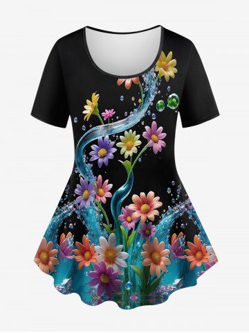 Plus Size Daisy Flower Water Print Short Sleeves T-shirt - BLACK - 4X