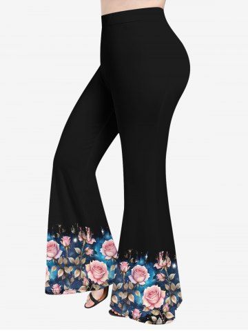 Pantalon Évasé Brillant à Imprimé Roses Etoiles et Feuilles 3D Grande-Taille - BLACK - S