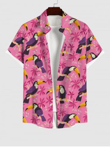 Hawaii Plus Size Turn-down Collar Woodpecker Floral Leaf Print Button Pocket Shirt For Men - LIGHT PINK - S