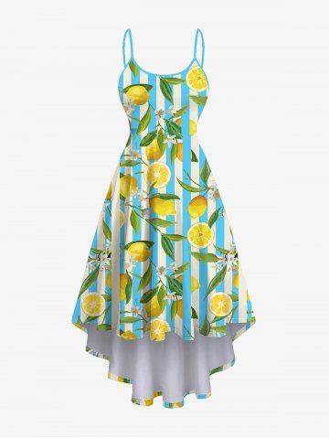 Hawaii Plus Size Stripe Lemon Leaf Flower Print High Low Cami Dress - MULTI-A - XS