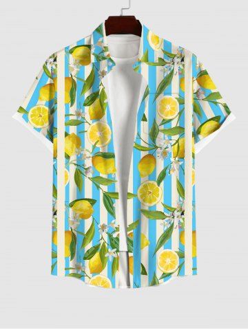 Hawaii Men's Stripe Lemon Leaf Flower Print Buttons Pockket Shirt
