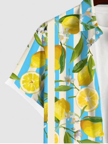 Hawaii Men's Stripe Lemon Leaf Flower Print Buttons Pockket Shirt