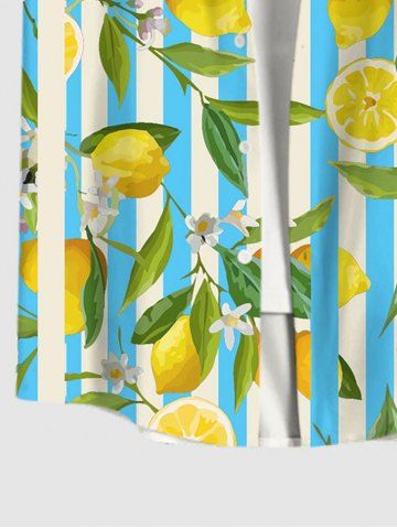Hawaii Men's Stripe Lemon Leaf Flower Print Buttons Pockket Shirt
