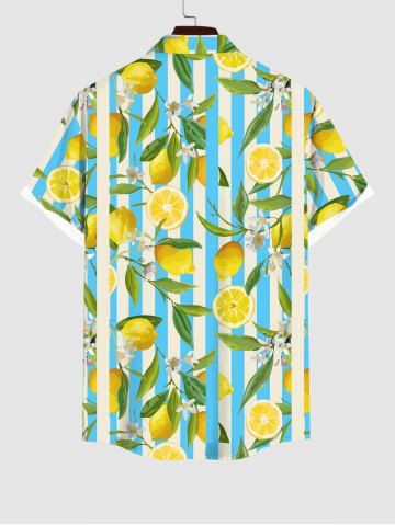 Hawaii Men's Stripe Lemon Leaf Flower Print Buttons Pockket Shirt