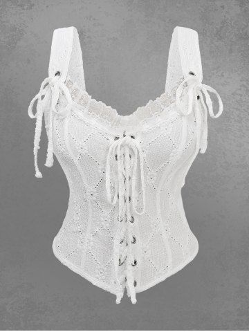 Gothic Grommet Lace-up Textured Lace Trim Ruffles Textured Corset - WHITE - L | US 10-12
