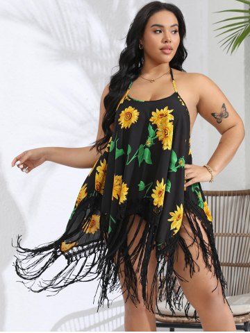 Plus Size Sunflower Print Tassel Halter Backless Beach Cover Up Dress - BLACK - 1XL