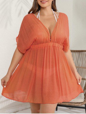 Plus Size Plunging Solid Cinched Sleeves Cut Out Back Tied Beach Cover Up Dress - ORANGE - L