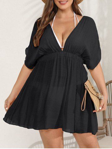 Plus Size Plunging Solid Cinched Sleeves Cut Out Back Tied Beach Cover Up Dress - BLACK - L
