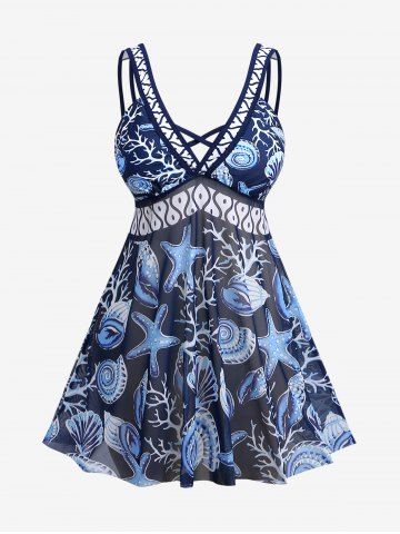 Maillot de Bain Tankini Tendance avec Croisés dans le Dos et à Imprimé Coquillages et Etoiles de Mer (Réglable) - DEEP BLUE - M | US 10