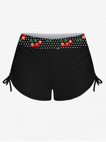 1950s Retro Cherry Dots Print Halter Ruched Cinched Boyleg Tankini Swimsuit