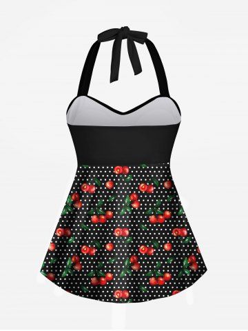 1950s Retro Cherry Dots Print Halter Ruched Cinched Boyleg Tankini Swimsuit