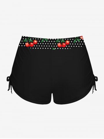 1950s Retro Cherry Dots Print Halter Ruched Cinched Boyleg Tankini Swimsuit