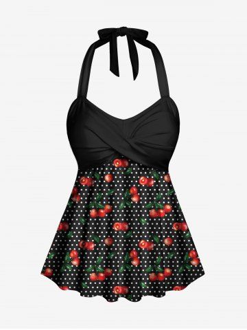 1950s Retro Cherry Dots Print Halter Ruched Cinched Boyleg Tankini Swimsuit