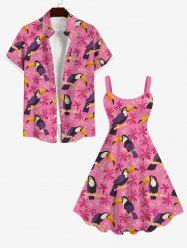 Woodpecker Floral Leaf Print Backless Dress and Button Pocket Shirt Plus Size Matching Hawaii Beach Outfit for Couples -  
