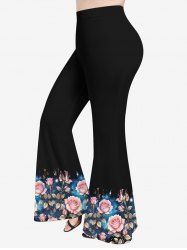 Pantalon Évasé Brillant à Imprimé Roses Etoiles et Feuilles 3D Grande-Taille - Noir 1X