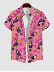 Hawaii Plus Size Turn-down Collar Woodpecker Floral Leaf Print Button Pocket Shirt For Men -  