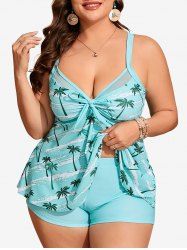 Hawaii Plus Size Sea Coconut Tree Print Ruched Bowknot Boyshort Tankini Swimsuit -  