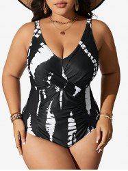 Plus Size Two Tone Graffiti Print Crisscross Ruched One Piece Swimsuit -  
