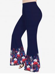 Pantalon Évasé Imprimé à Fleur à Peinture Éclaboussée Grande Taille - Bleu de Minuit 5X