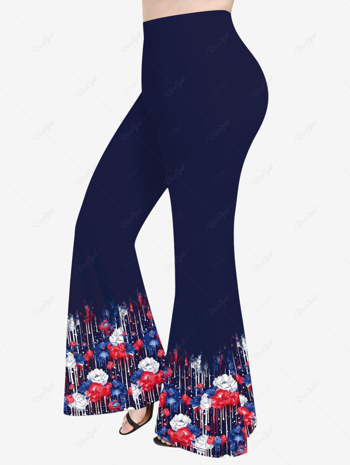 Pantalon Évasé Imprimé à Fleur à Peinture Éclaboussée Grande Taille Bleu de Minuit 5X