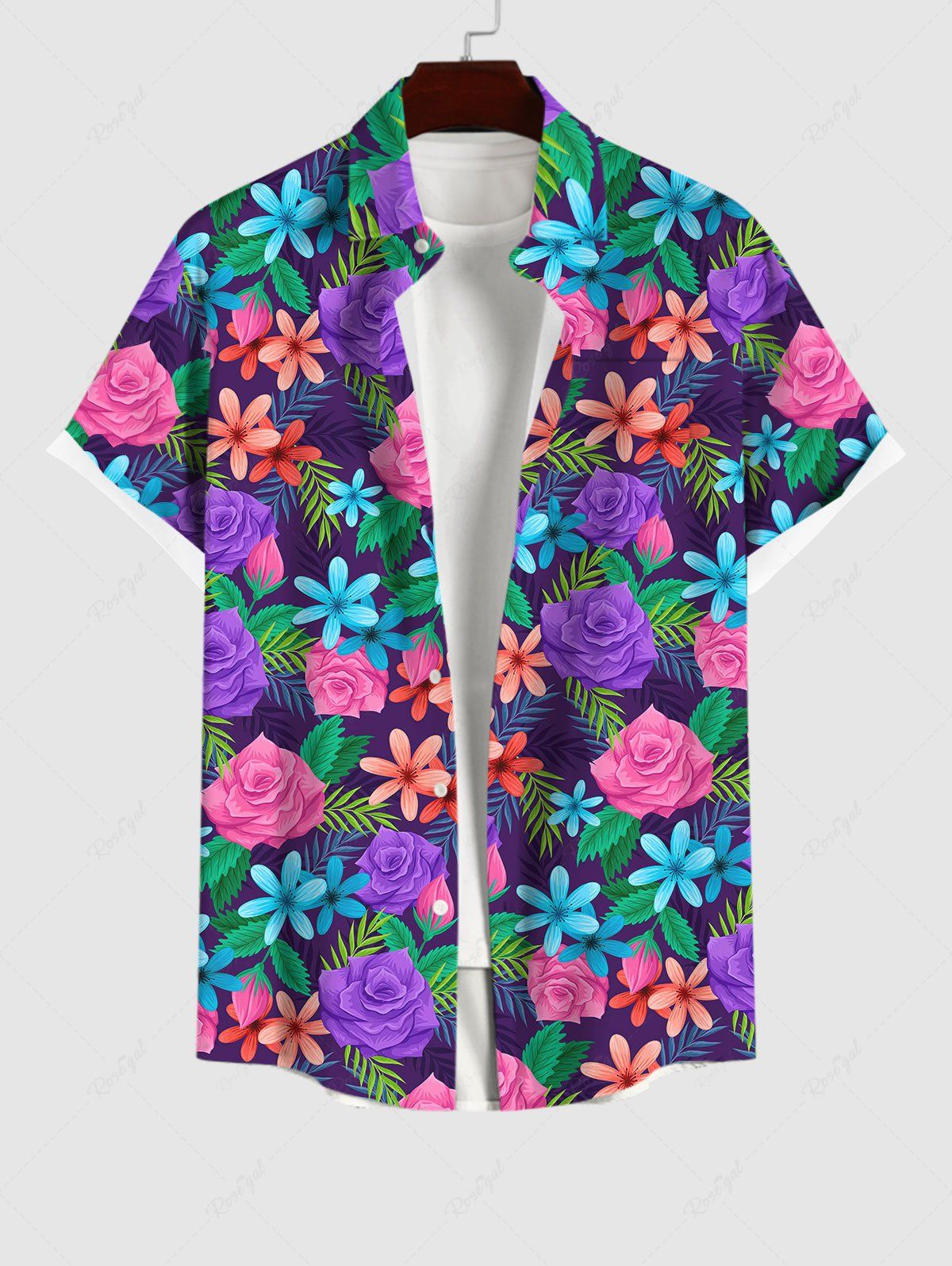 Outfits Hawaii Plus Size Turn-down Collar Colorful Flower Leaf Print Button Pocket Shirt For Men  