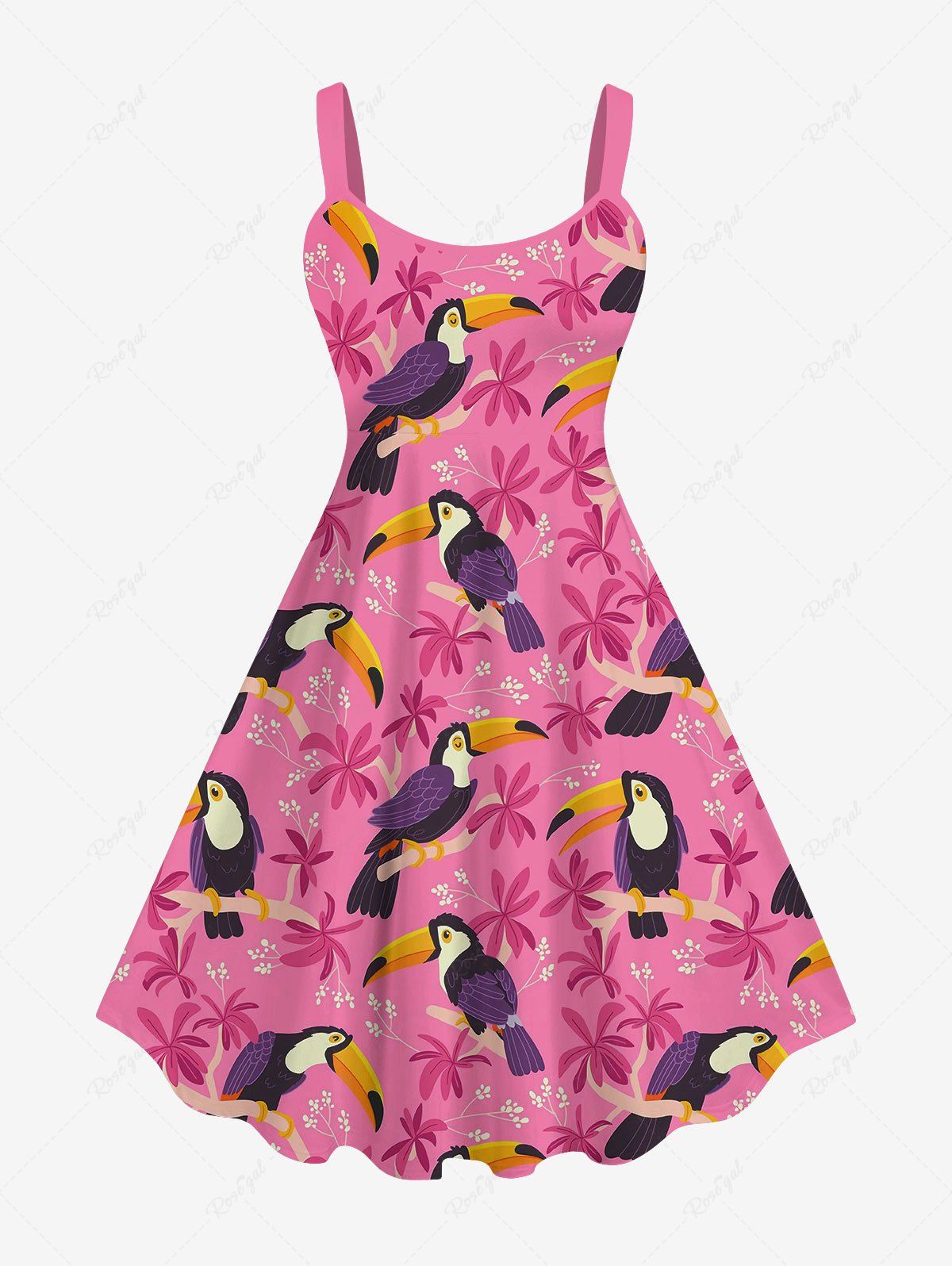 Outfit Hawaii Plus Size Woodpecker Floral Leaf Print Backless A Line Tank Dress  