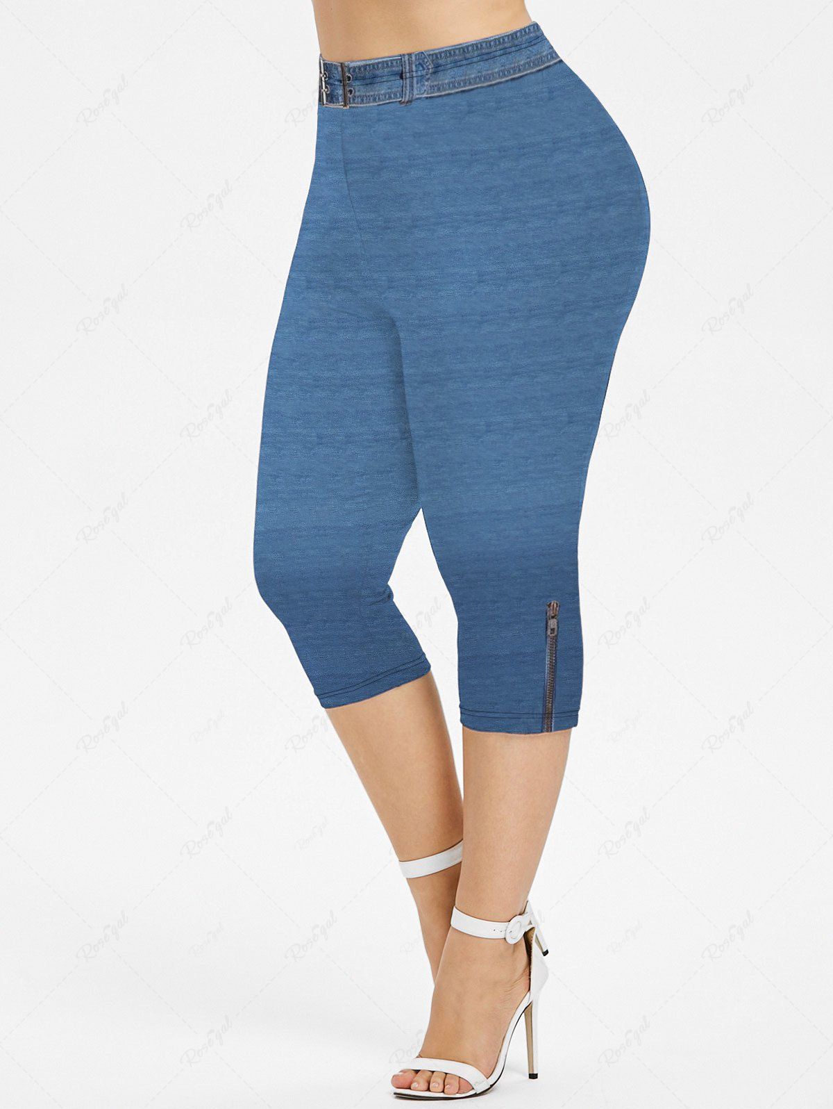 Trendy Plus Size Ombre Sea Waves Buckle Grommets Zipper Denim 3D Print Capri Leggings  